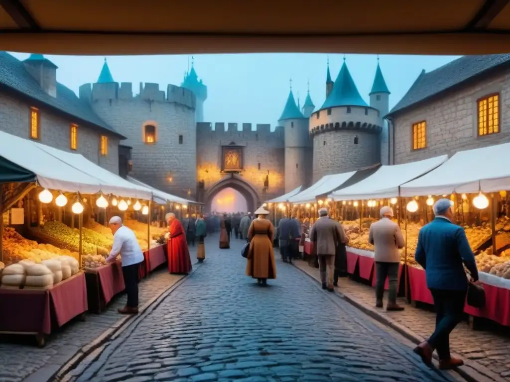 Una animada ilustración vintage del mercado medieval, con artesanos creando tapices y metalistería bajo coloridas carpas