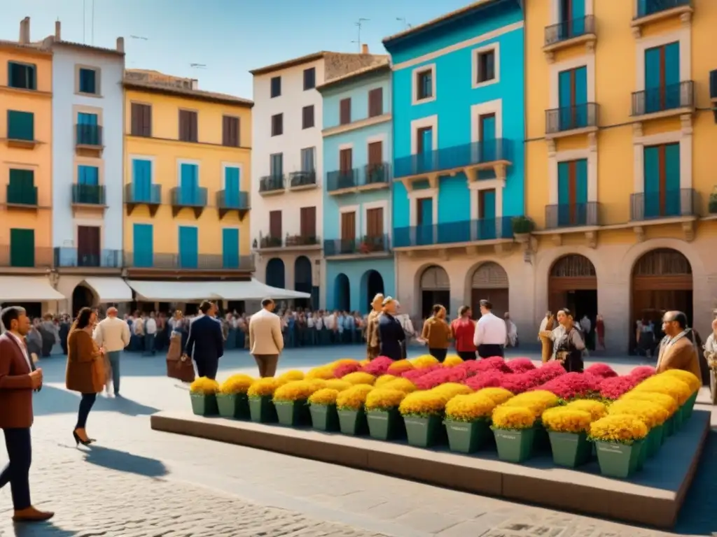 Un animado y diverso encuentro en la plaza de un pueblo español, resaltando los orígenes del apellido en comunidad