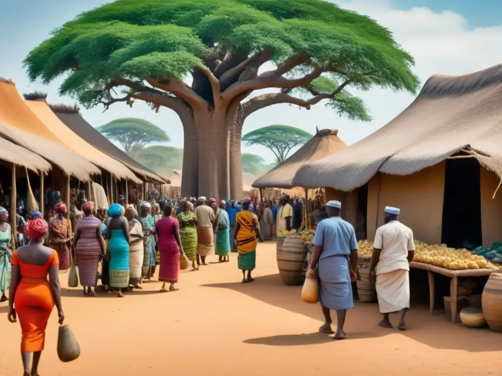 Un animado mercado africano en un antiguo reino, lleno de historia y cultura, con tribus intercambiando bienes bajo baobabs centenarios