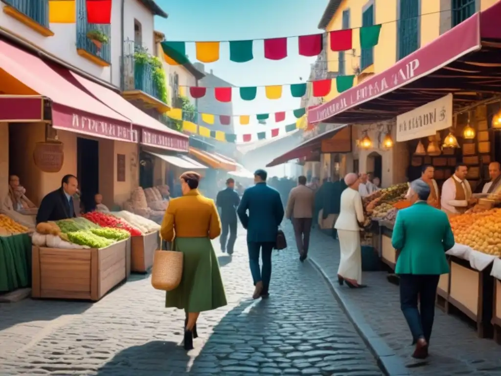 Animado mercado histórico español con vendedores y calles empedradas; cartel 'La Tienda de los Hinojo'