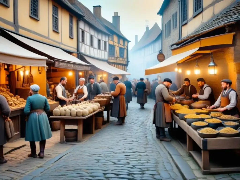 Un animado mercado medieval con artesanos y oficios antiguos