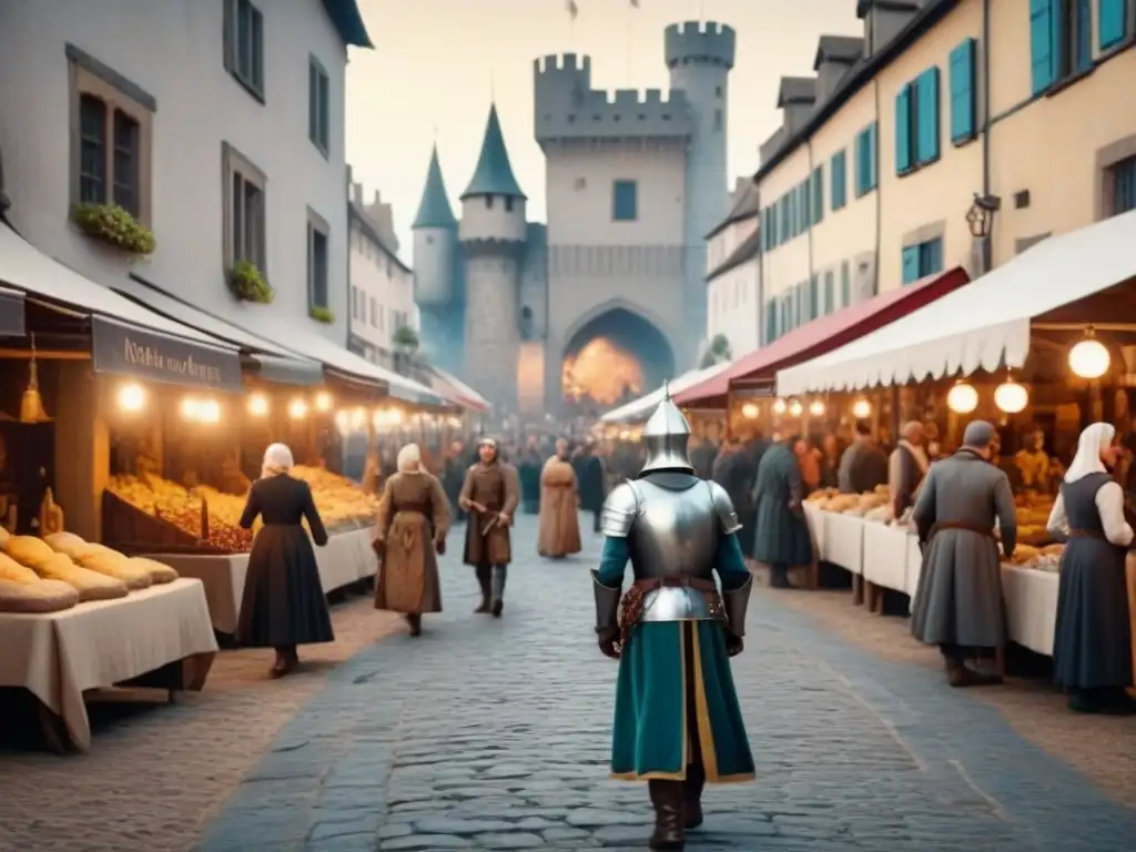 Animado mercado medieval con comerciantes, caballeros y un castillo al fondo