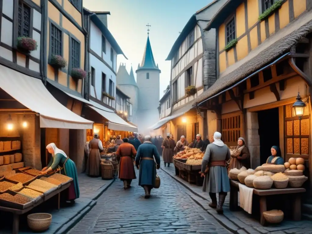 Animado mercado medieval con comerciantes y artesanos intercambiando bienes en calles empedradas