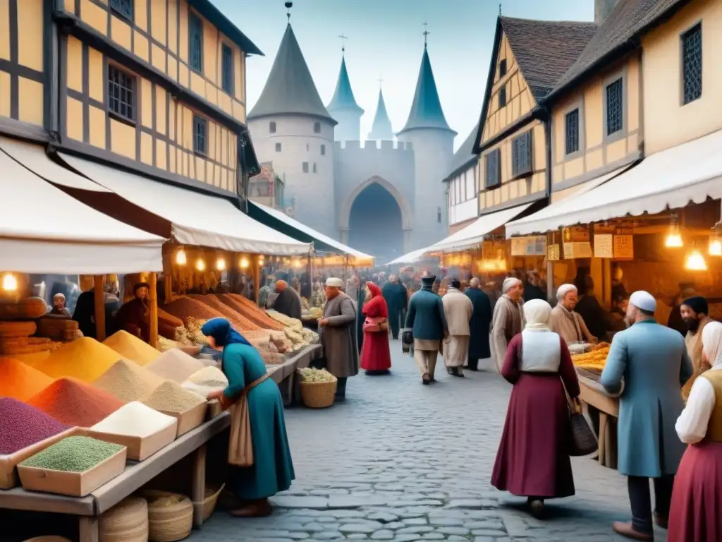 Animado mercado medieval con diversidad cultural en la interacción, marcadores genéticos historia apellidos