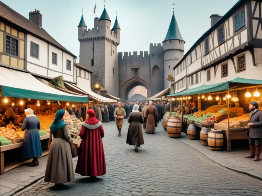 Animado mercado medieval con diversidad de personas comerciando y conversando, decorado con banderas de apellidos con Q