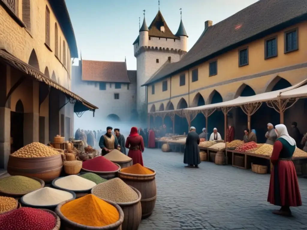 Un animado mercado medieval con intercambio cultural y comercio, reflejando la historia de apellidos en la Edad Media