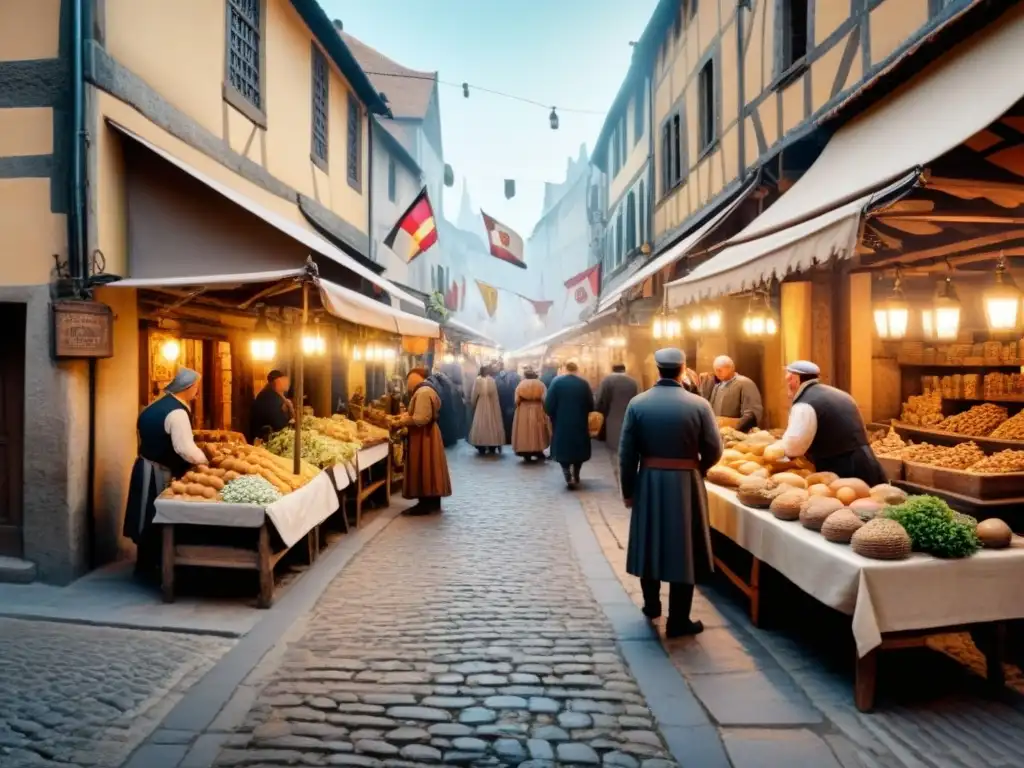 Animado mercado medieval con mercaderes, clientes regateando y estandartes de escudos familiares, evolución de apellidos significado histórico