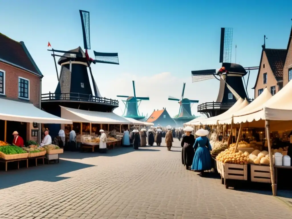 Animado mercado neerlandés del siglo XVII con vendedores y molinos de viento bajo cielo azul