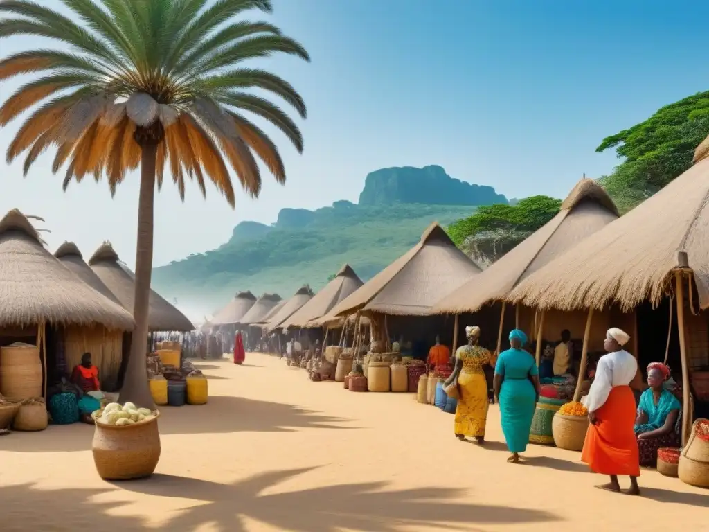 Un animado mercado en un pueblo costero africano del siglo XIX, colmado de colores y cultura