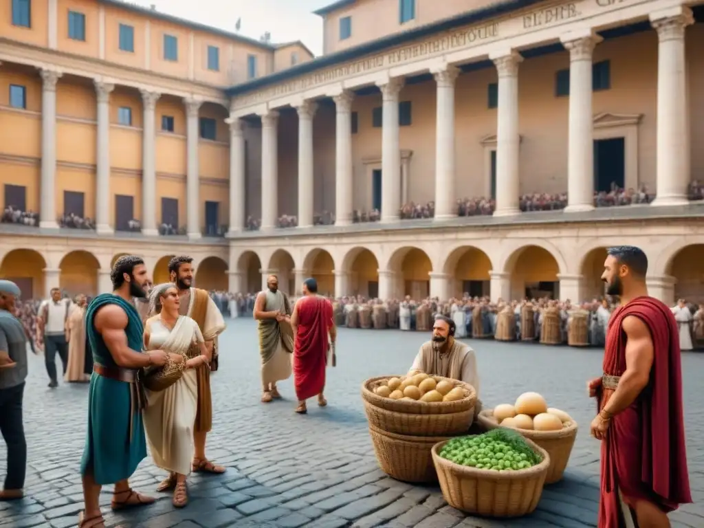 Animado mercado romano con detalles de la vida diaria en Roma antigua