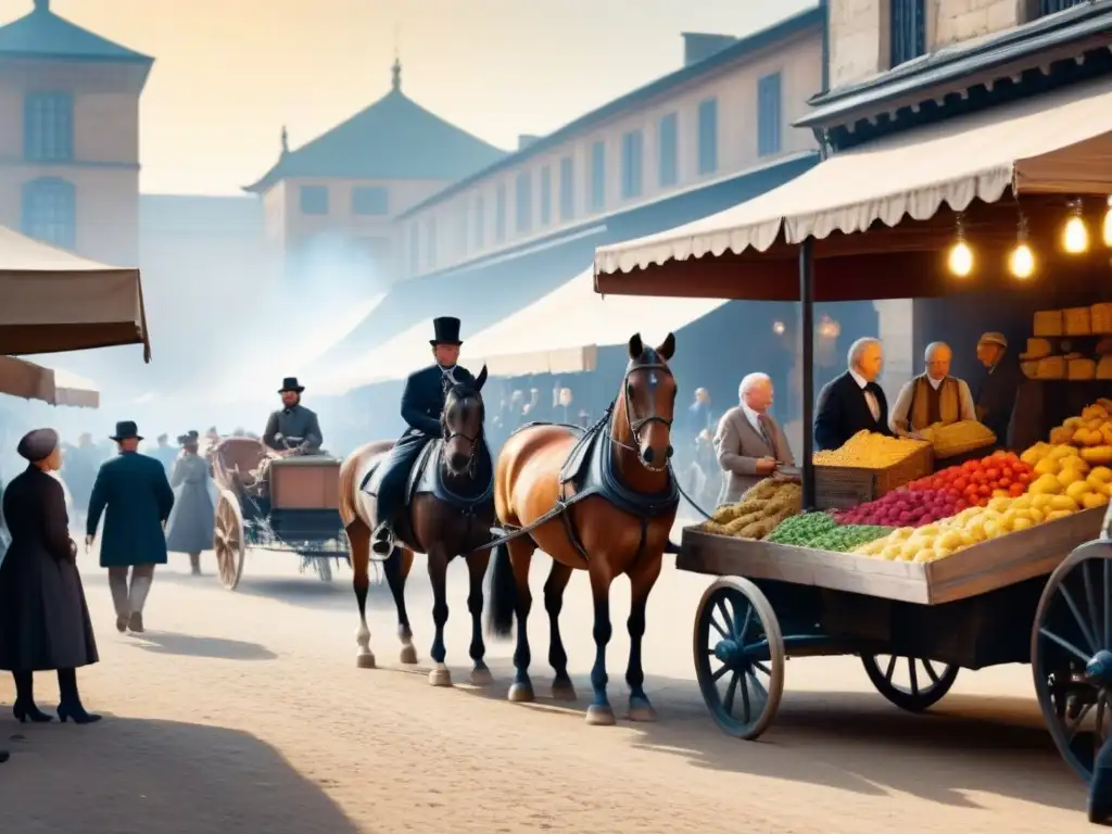 Animado mercado del siglo XIX con vendedores, carros y detalles históricos