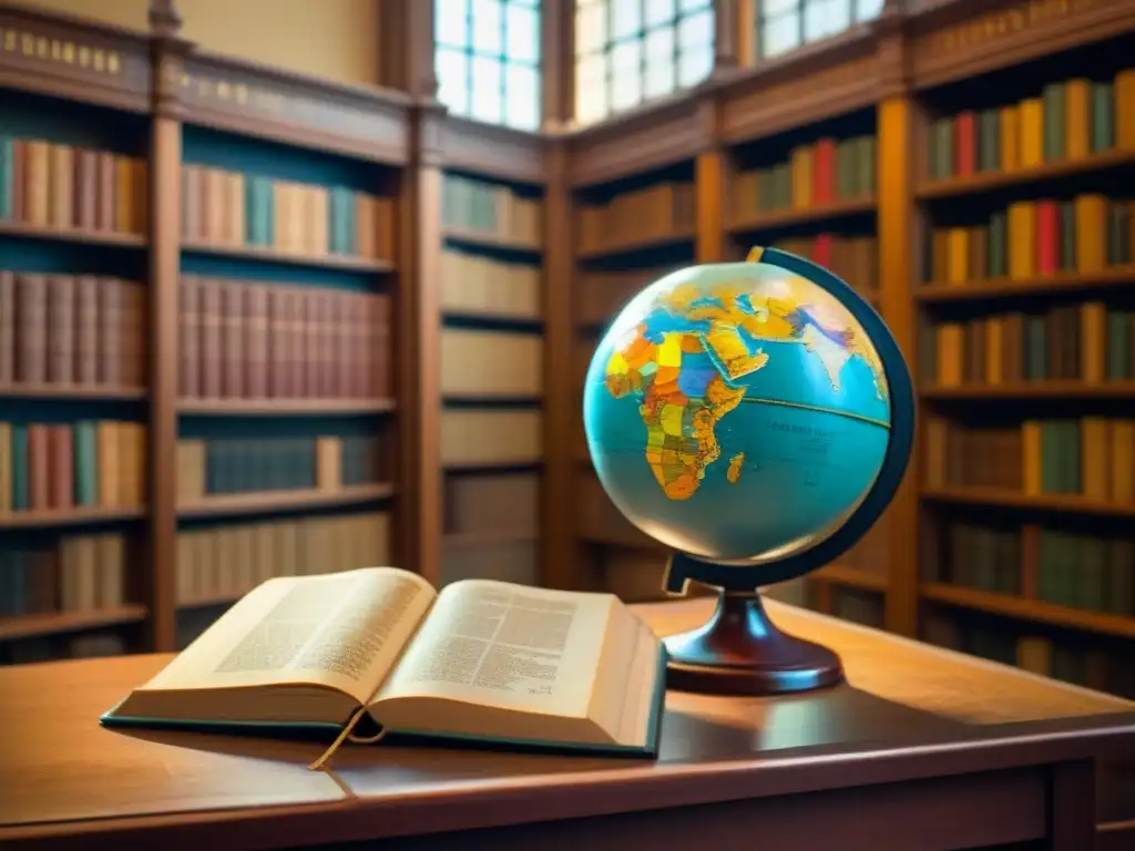 Antigua biblioteca con libros de cuero y globo terráqueo en escritorio de madera tallada, iluminada por luz solar a través de vidrieras