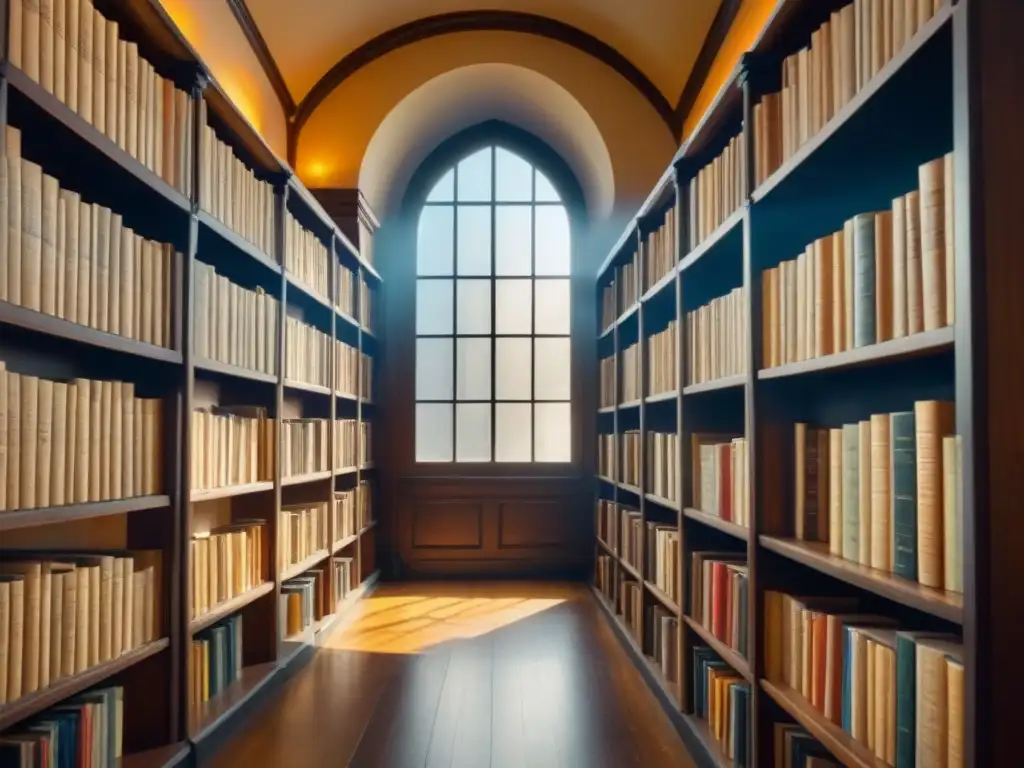 Antigua biblioteca con libros genealógicos polvorientos y globos terráqueos dispersos, iluminada por luz solar a través de una vidriera