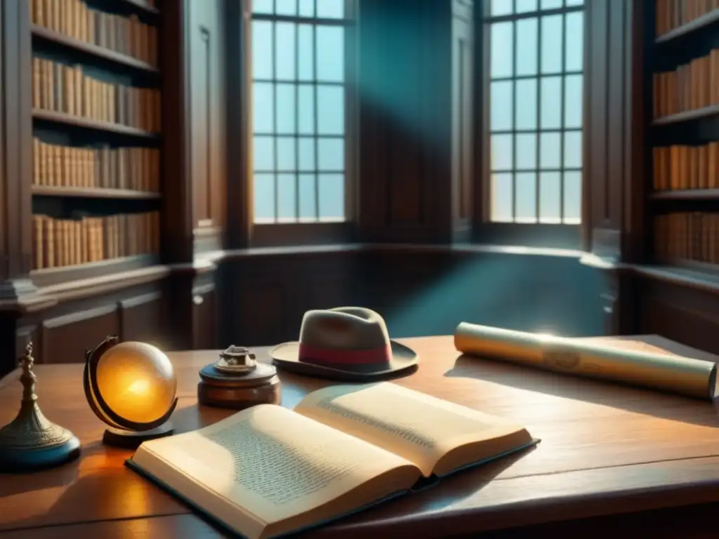 Misteriosa biblioteca vintage para investigar historia familiar Antigua biblioteca con libros polvorientos, globos terráqueos y lupas en mesa de madera