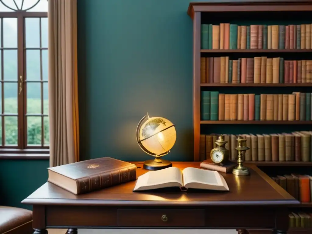 Antigua biblioteca vintage con libros de cuero, globo terráqueo y lámpara tenue