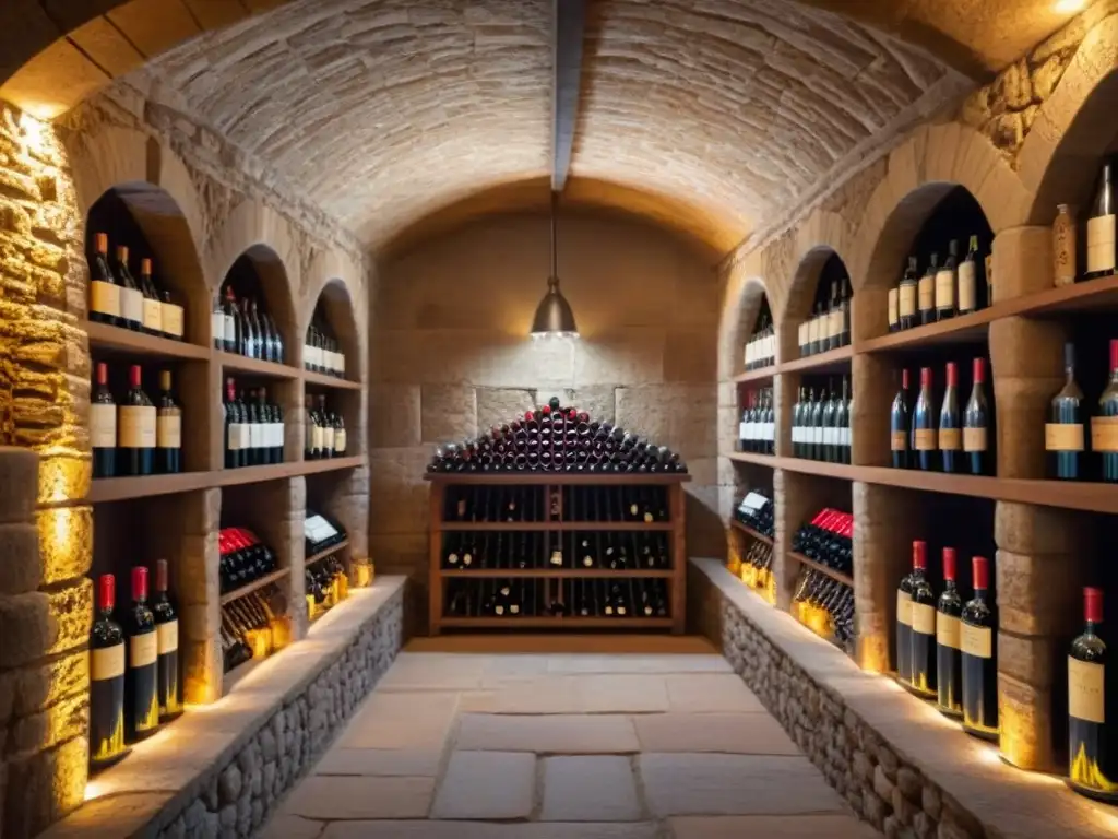 Antigua bodega con botellas de vino personalizadas apellido, iluminadas por cálida luz, sombras en paredes de piedra