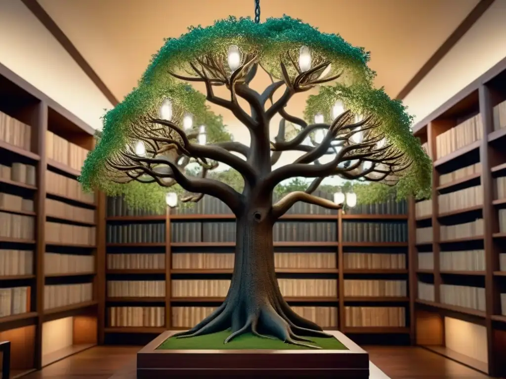 Una antigua ilustración detallada de un árbol genealógico familiar en una biblioteca histórica