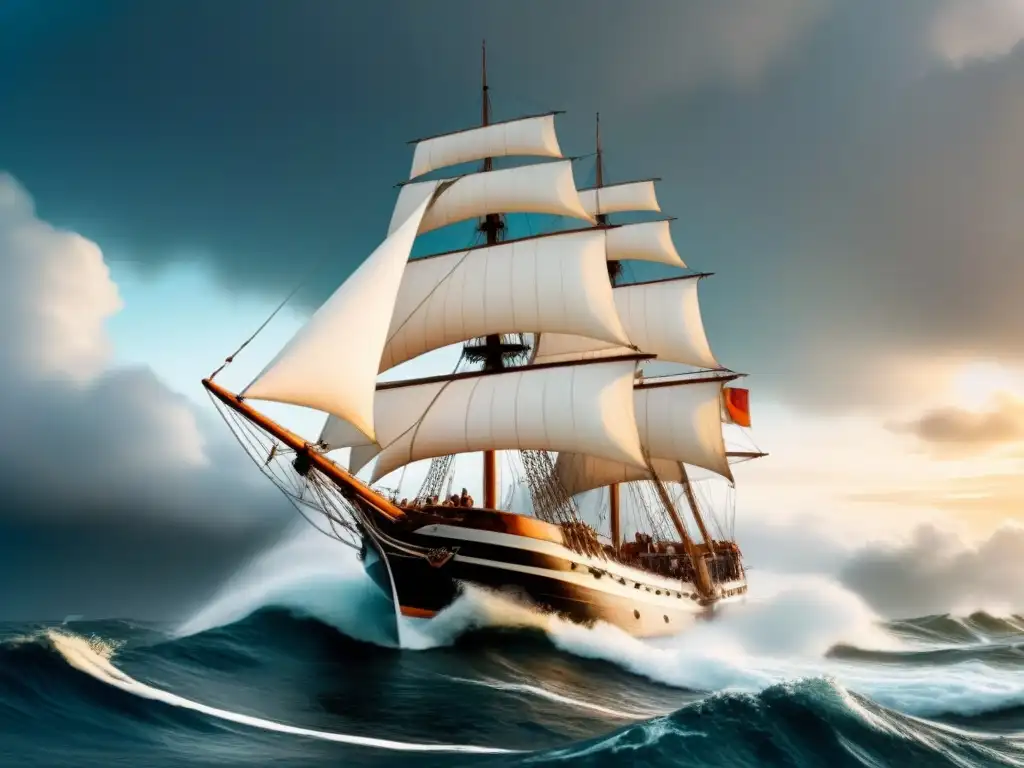 Antigua ilustración detallada de un majestuoso barco navegando en mares tormentosos, evocando aventura y historia marítima