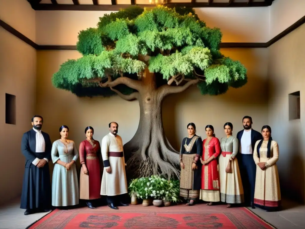 Una fotografía sepia antigua muestra la historia de apellidos Callejas en un árbol genealógico detallado en una habitación rústica y oscura