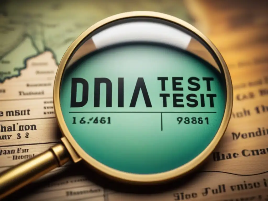 Explorando el ADN: lupa antigua sobre modelo de doble hélice, en mapa antiguo con pins