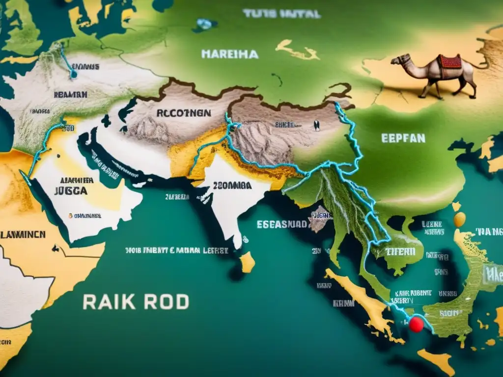 Una antigua ruta de la seda detallada muestra el intrincado camino a través de Europa y Asia