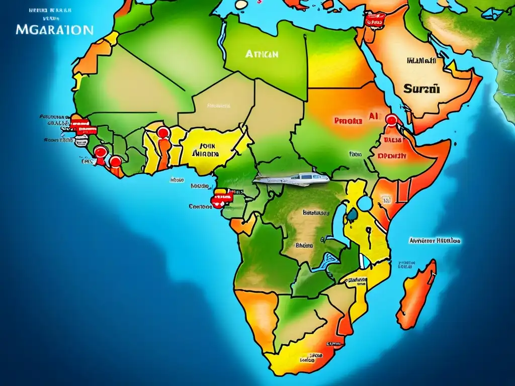 Antiguas migraciones de apellidos africanos: detallado mapa con símbolos culturales y landmarks a lo largo del camino