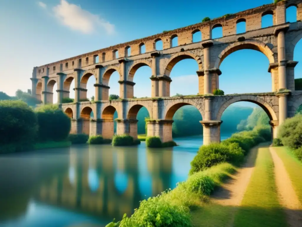 Antiguo acueducto romano con agua fluyendo entre arcos, símbolo de vitalidad y origen apellido Fontana agua vital