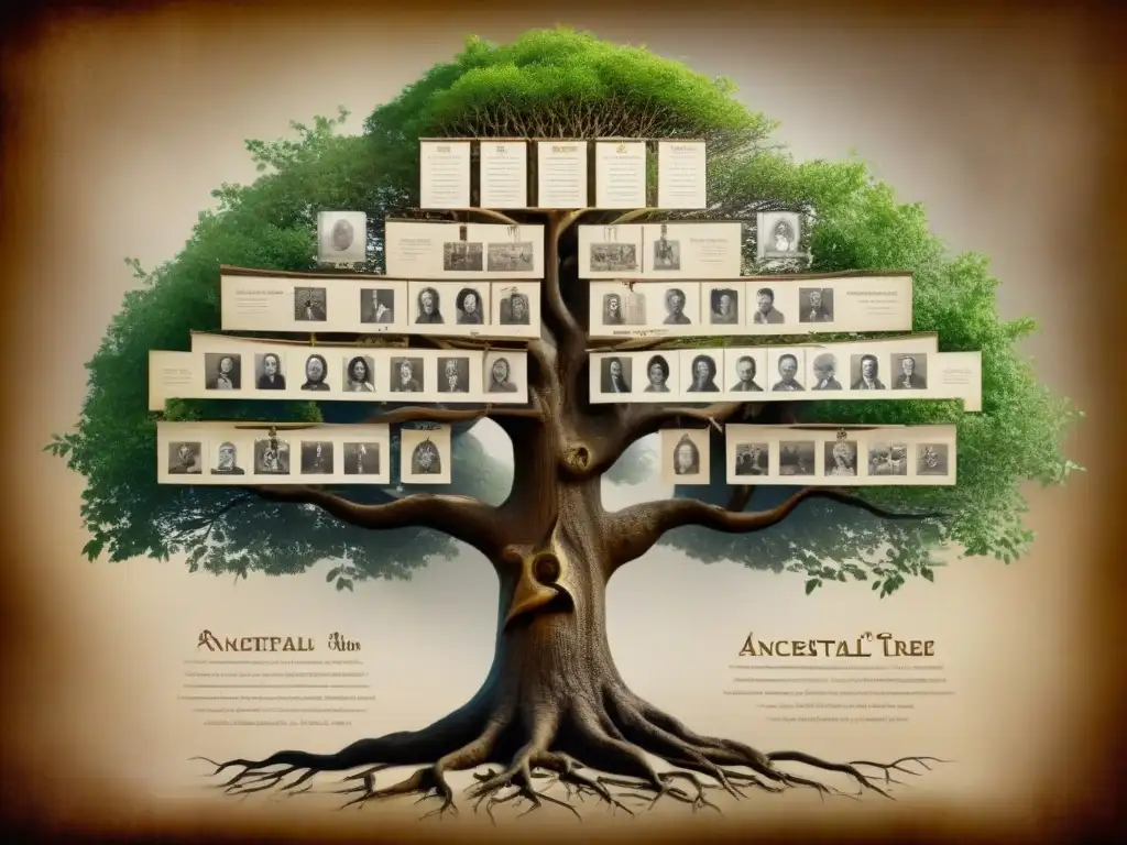 Antiguo árbol genealógico con apellidos con historia y significado en caligrafía elegante