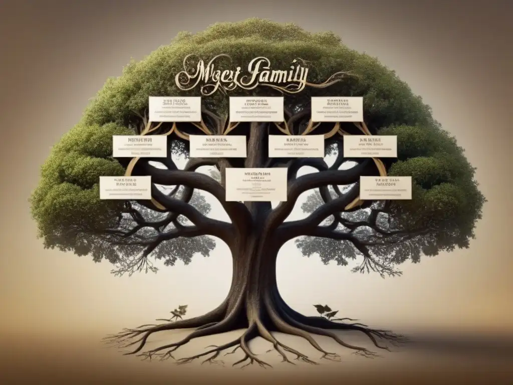 Antiguo árbol genealógico con apellidos extintos siglo XXI, tonos sepia y caligrafía detallada