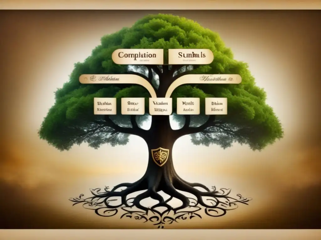 Un antiguo árbol genealógico detallando la evolución de apellidos en genealogía con caligrafía y tonos sepia