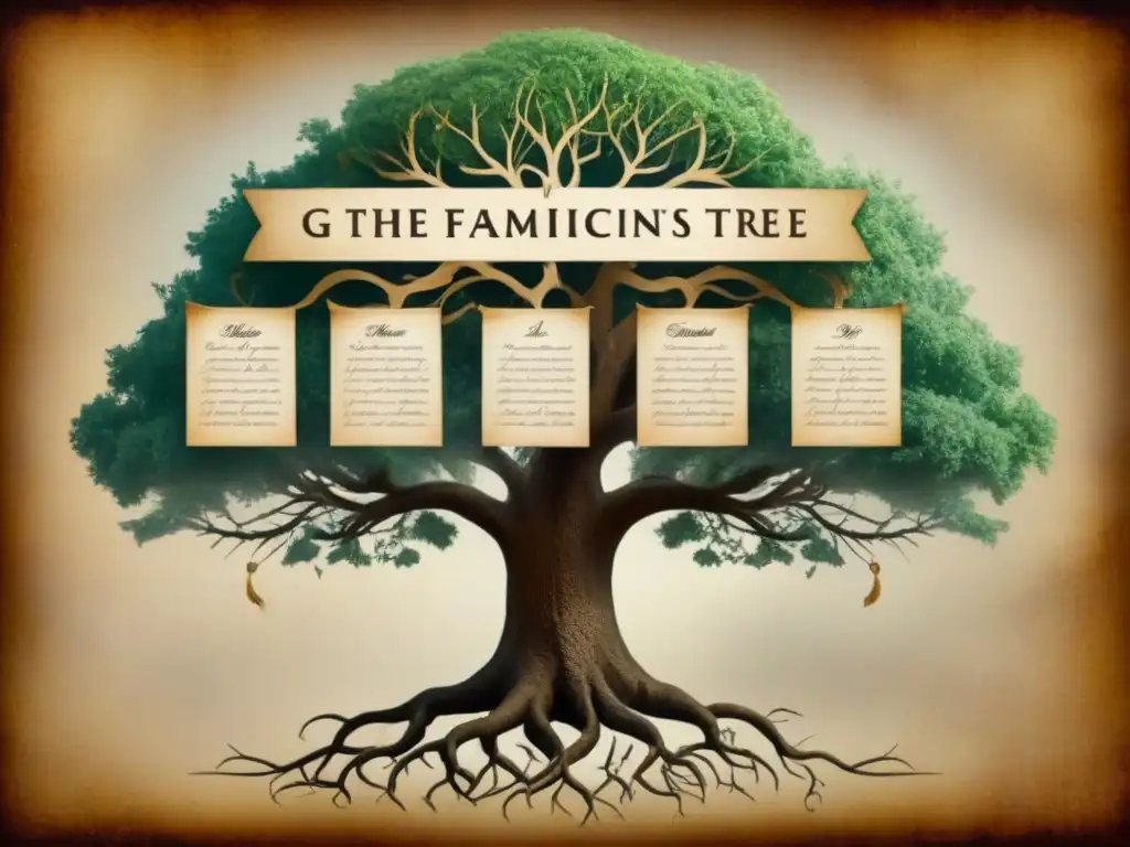 Un antiguo árbol genealógico con apellidos con G entrelazados en ramas y raíces, evocando el origen de las familias