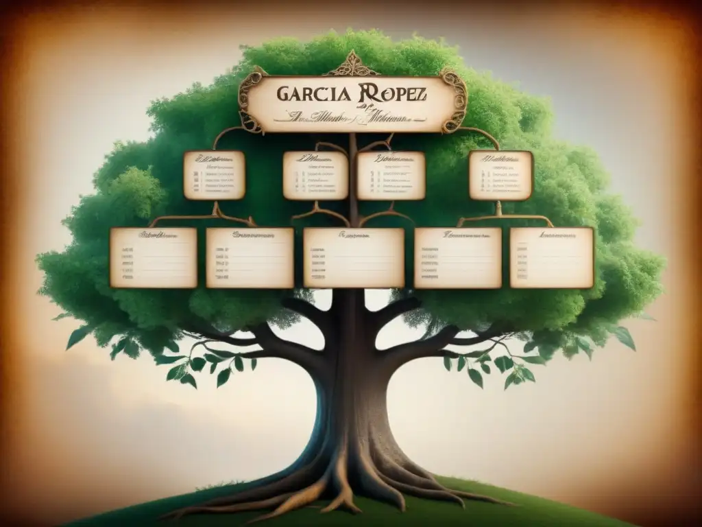 Antiguo árbol genealógico de apellidos hispanos en papel sepia, con nombres como 'García' y 'López' escritos en caligrafía