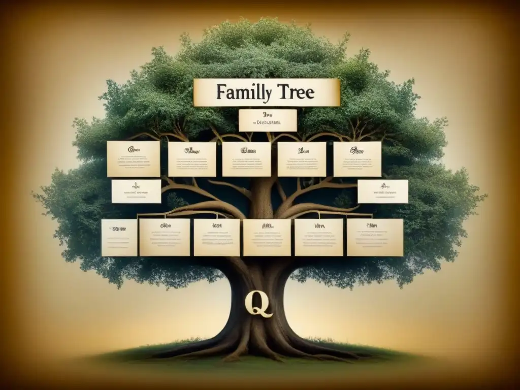 Un antiguo árbol genealógico detallando la evolución de apellidos con la letra Q en tonos sepia, mostrando la historia de apellidos y linajes