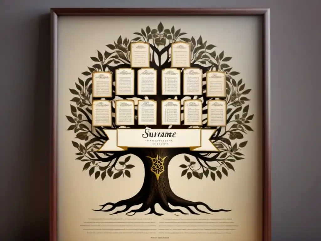 Antiguo árbol genealógico con caligrafía elegante, reconstrucción de linajes genealógicos