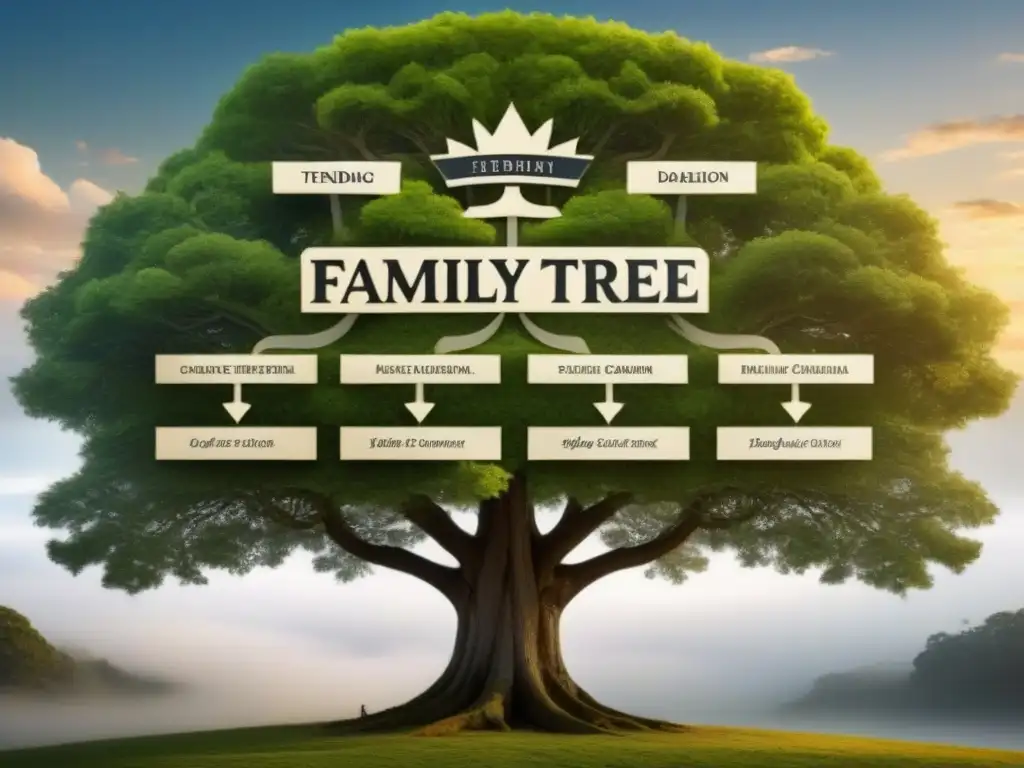 Un antiguo árbol genealógico mostrando conexiones entre familias nobles y comunes, con detalles de caligrafía y bordes ornamentales