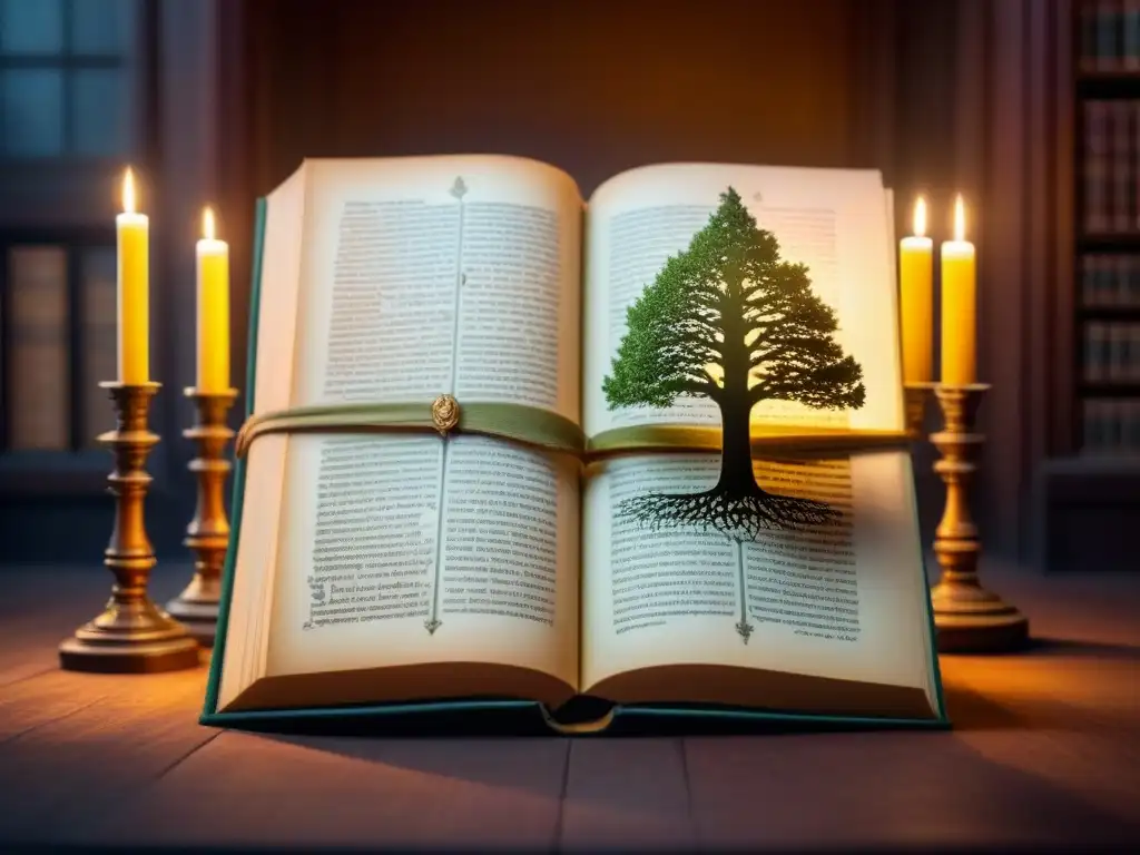 Un antiguo árbol genealógico bellamente decorado en pergamino, iluminado por letras y diseños medievales en una biblioteca antigua