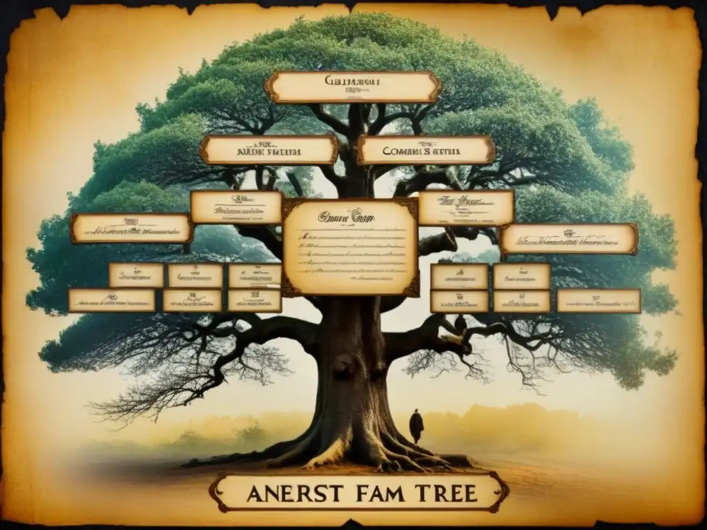 Un antiguo árbol genealógico decorado con caligrafía e ilustraciones ancestrales, revelando un tesoro genealógico en archivos antiguos