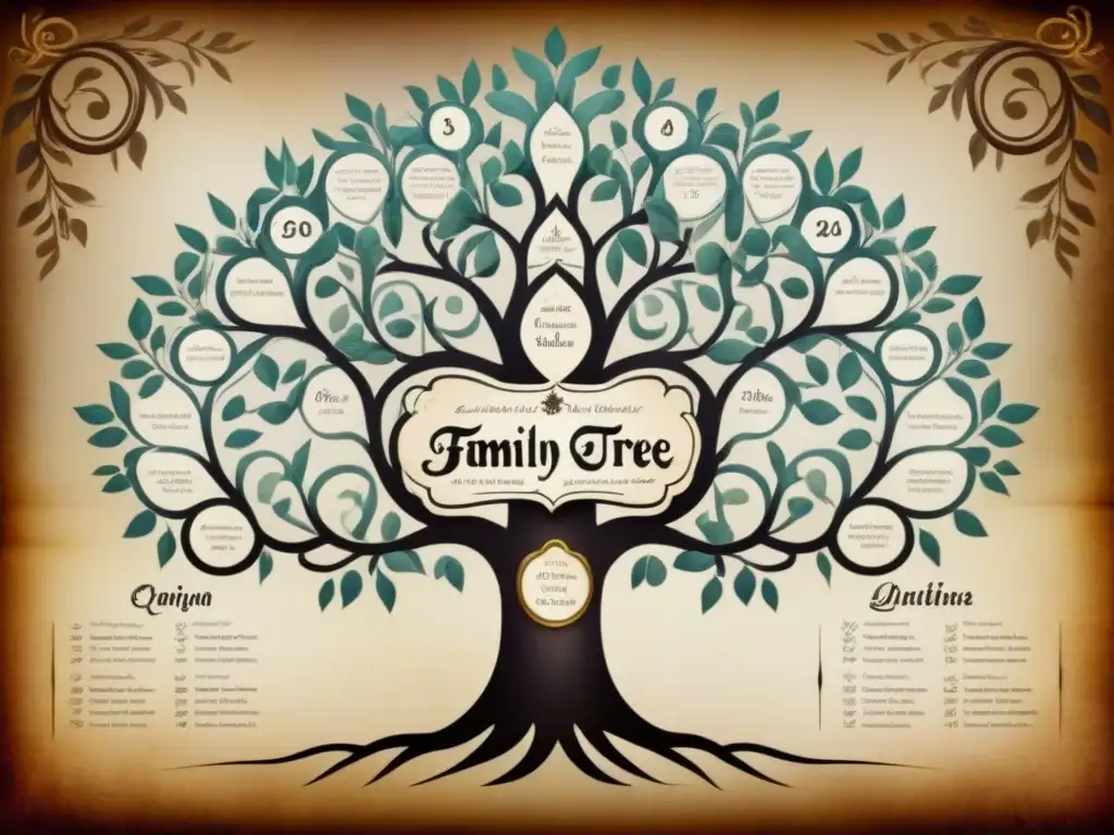 Un antiguo árbol genealógico detallado con caligrafía ornamental y nombres de apellidos, en una atmósfera de misterio y legado