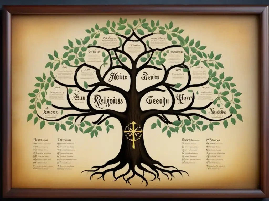 Árbol genealógico religioso vintage detallado Antiguo árbol genealógico detallado con historia de apellidos en caligrafía religiosa y símbolos sagrados