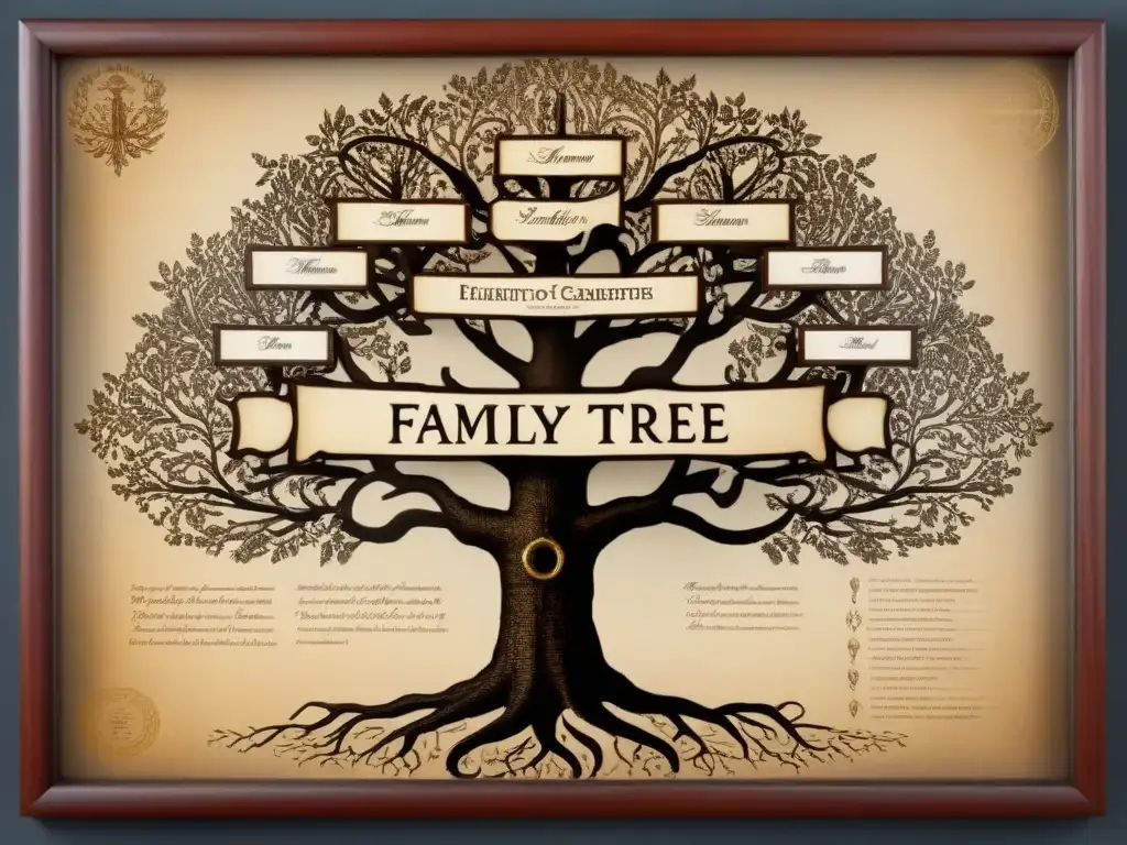 Un antiguo árbol genealógico detallado con caligrafía en pergamino envejecido, evocando una historia de apellidos y genealogía