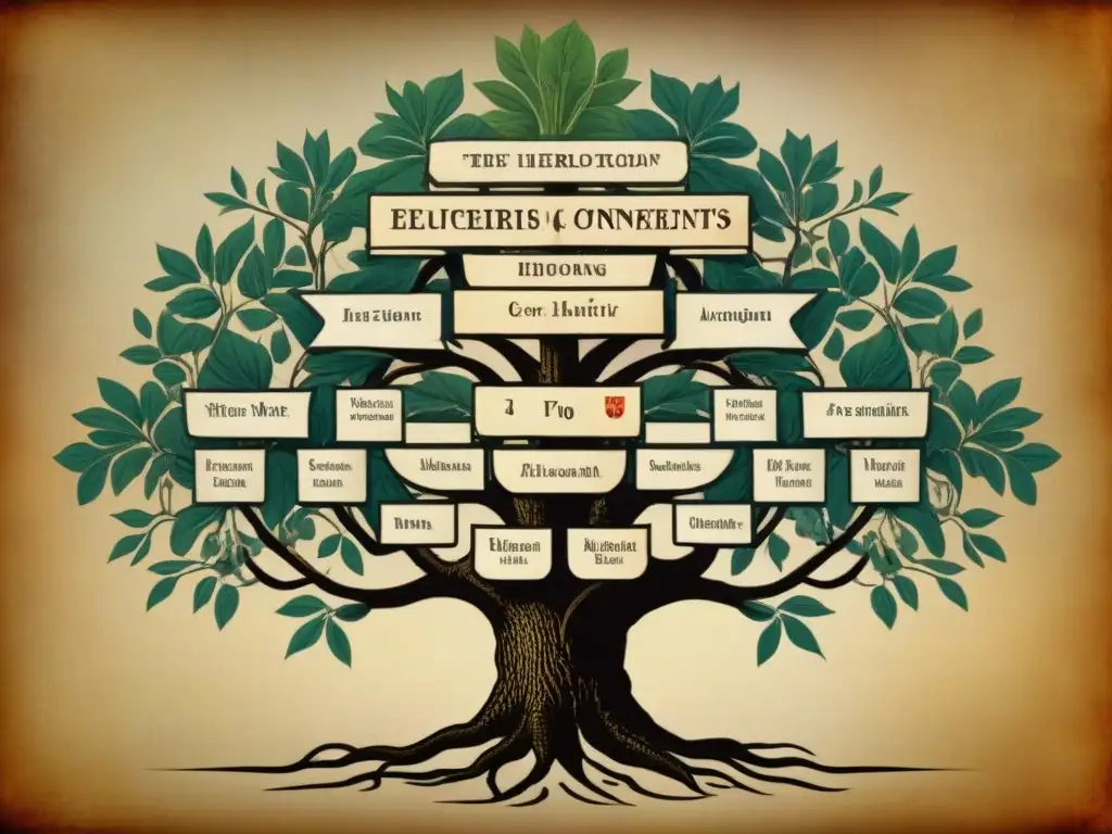 Un antiguo árbol genealógico detallado con escudos de armas históricos, sobre pergamino envejecido