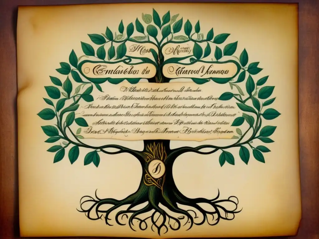 Antiguo árbol genealógico detallado en pergamino con nombres en caligrafía, evocando historia de apellidos sorprendentes