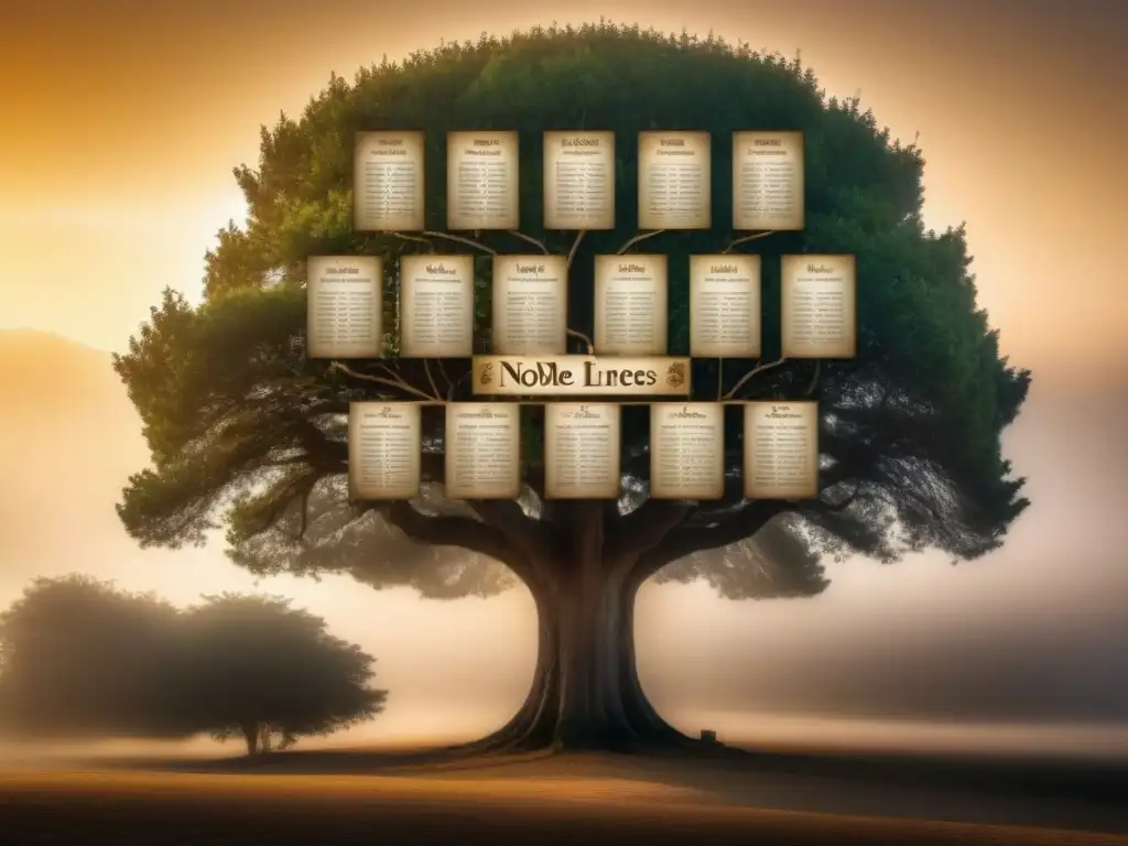 Antiguo árbol genealógico detallado en tonos sepia, con historia de apellidos nobiliarios y linajes olvidados
