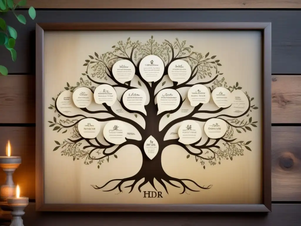 Un antiguo árbol genealógico detallado con caligrafía y tonos sepia, evocando historia y tradición en un análisis Family Tree DNA genealogía