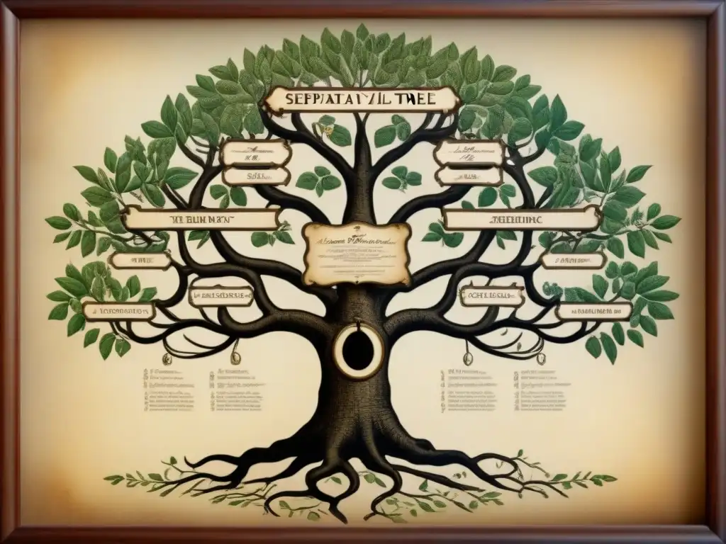 Un antiguo árbol genealógico en sepia, detallado y delicado, evocando la belleza atemporal del análisis Family Tree DNA genealogía