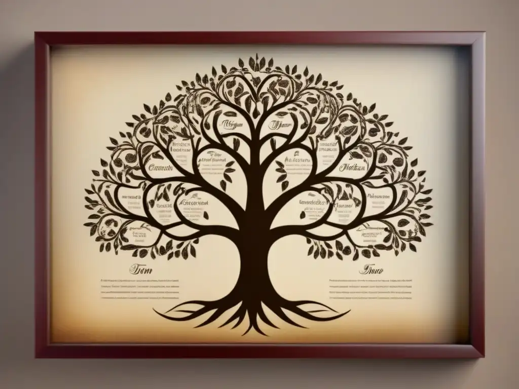 Antiguo árbol genealógico detallado en tonos sepia, con caligrafía delicada y símbolos de linaje, conectando generaciones