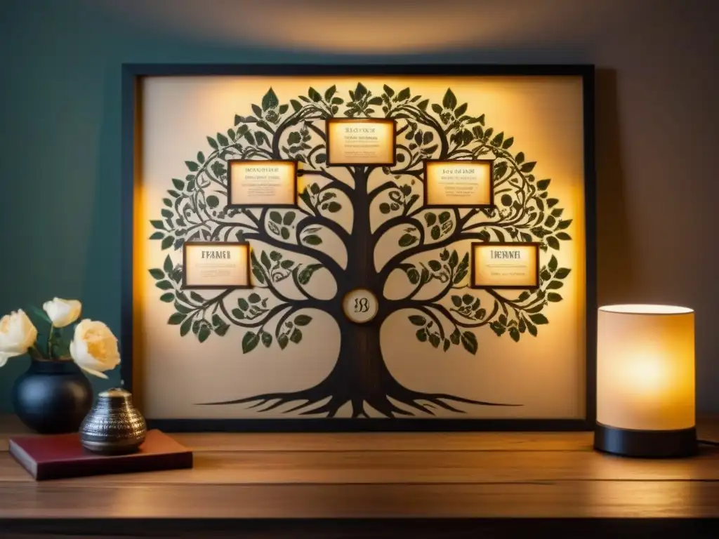 Antiguo árbol genealógico detallado con caligrafía, fotos sepia y motivos florales sobre mesa de madera iluminada por lámpara, evocando nostalgia