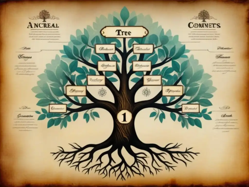 Un antiguo árbol genealógico detallado en pergamino vintage con ilustraciones sepia de escudos familiares y conexiones ancestrales