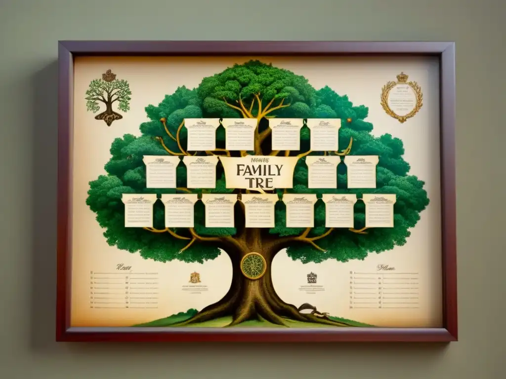 Antiguo árbol genealógico detallado con caligrafía, escudos y marcas históricas