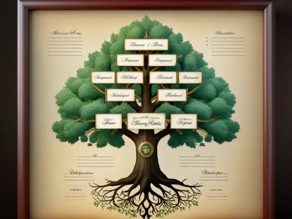 Antiguo árbol genealógico detallado en sepia con conexiones reales y plataformas de genealogía